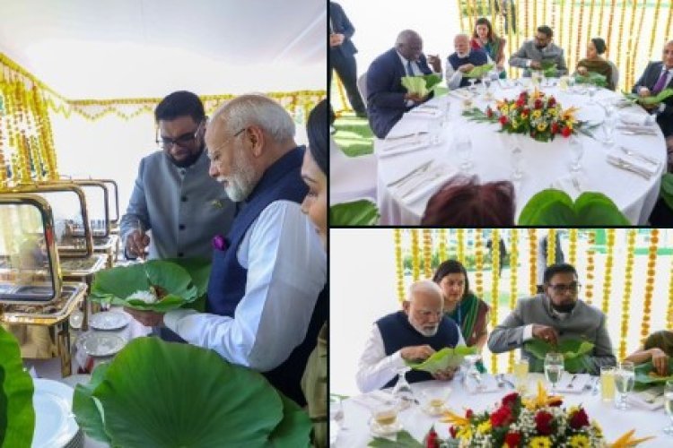 पीएम मोदी ने गुयाना के राष्ट्रपति के घर वाटर लिली के पत्तों पर खाया खाना जॉर्जटाउन