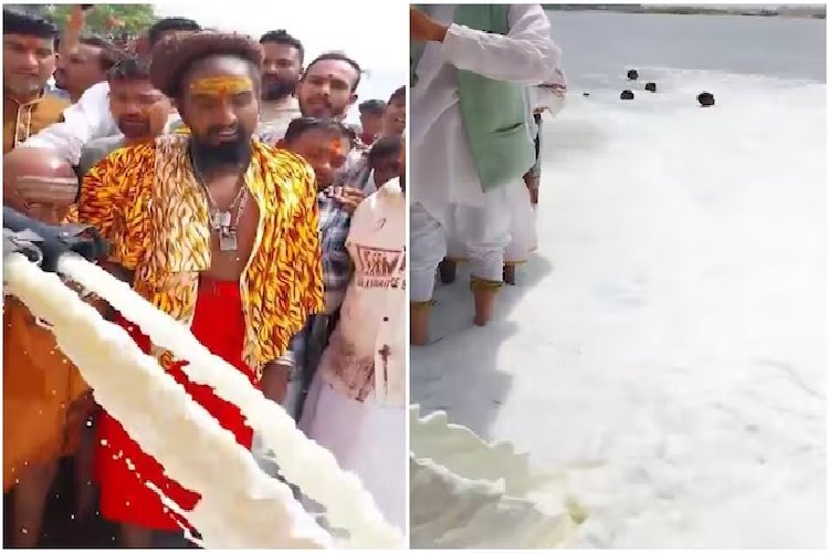नर्मदा नदी में 11,000 लीटर दूध से मंदिर का अनुष्ठान, हवन में 41 टन सामग्री का उपयोग, वीडियो वायरल