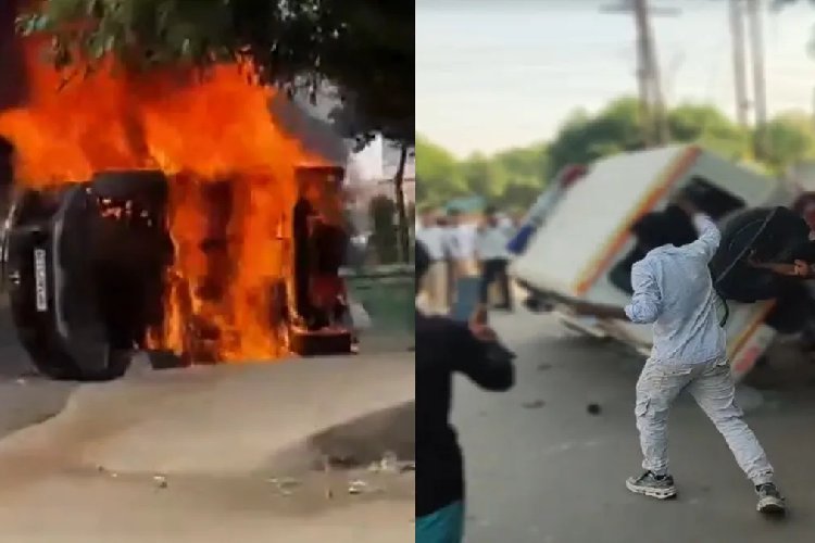 नोएडा में हड़ताली कर्मचारियों का हिंसक प्रदर्शन, पुलिस पर पथराव, कई वाहनों में लगाई आग, DND फ्लाईवे पर भारी जाम