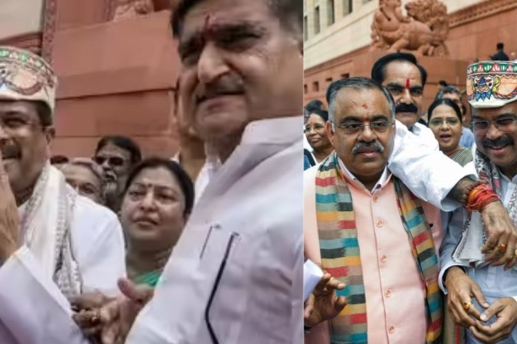 इस्तीफे के बाद संसद पहुंचे धर्मेंद्र प्रधान, NDA सांसदों ने पाग पहनाकर किया स्वागत